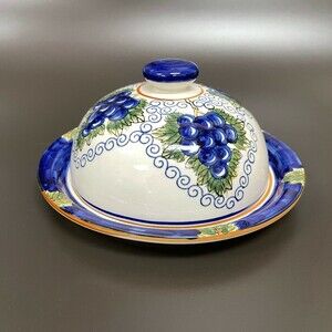 Sap Trading Inc. Cheese Dome Covered Plate Dish Grapes White Blue Green Ceramic